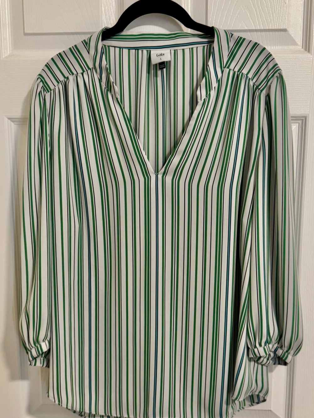 CAbi Green & White Striped Blouse – Size L